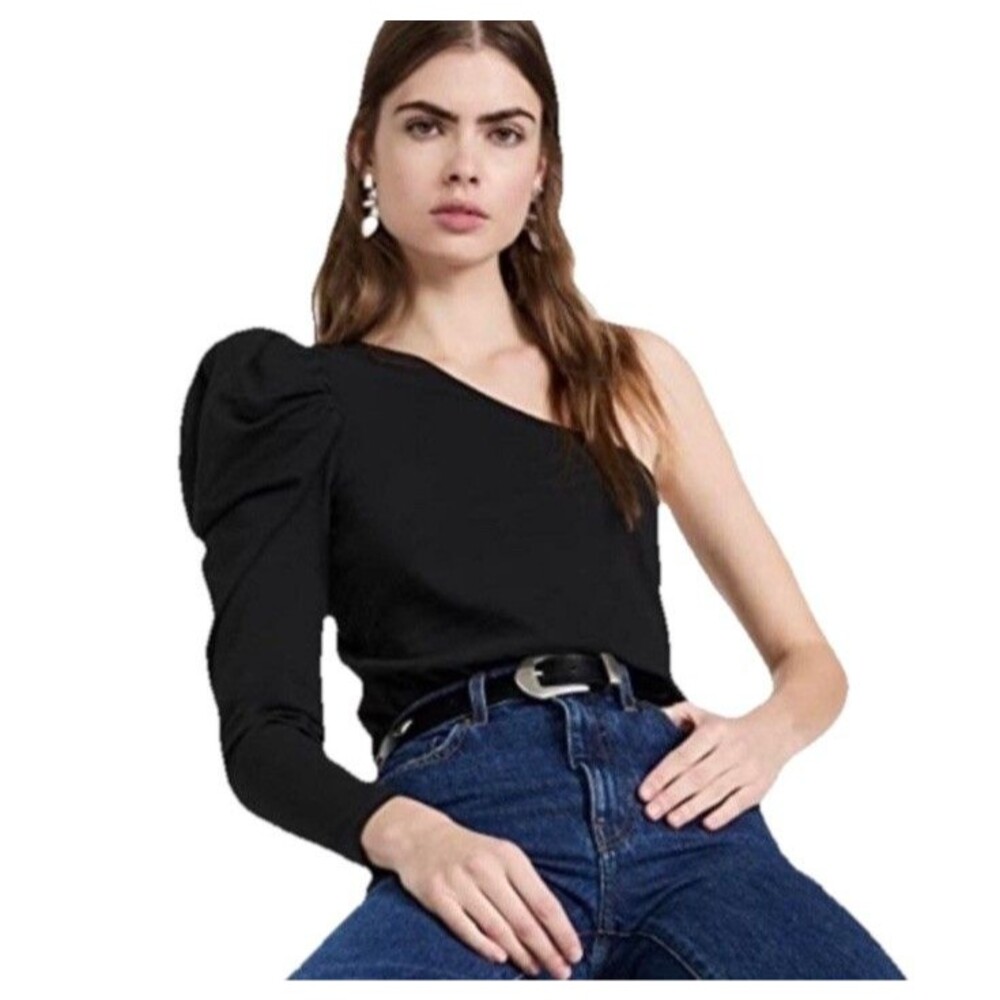 Nation LTD Top Women S Puff One Shoulder Black Jersey Knit Cotton Whimsigoth New